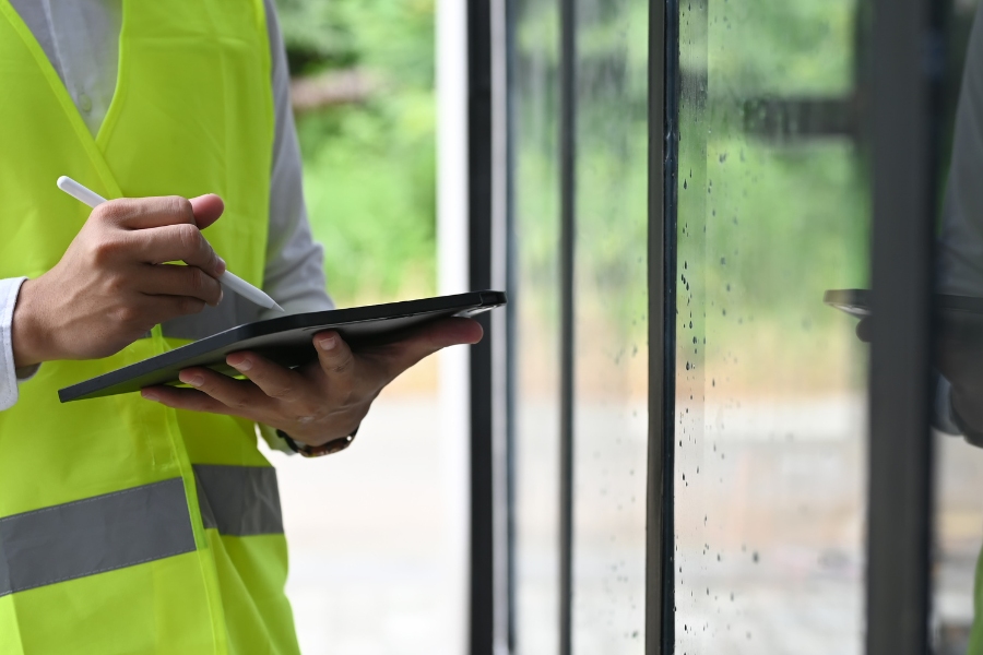 home inspector in yellow safety vest writing on clipboard outside glass door